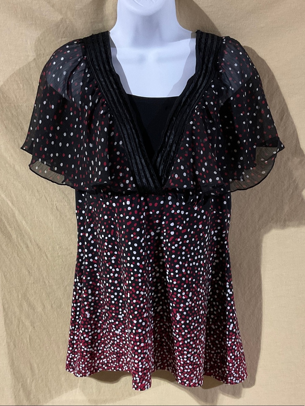 Notations Size L Black Polka Dot Ruffle Sleeve Blouse with Red Accents